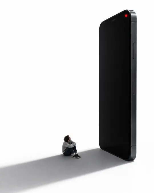 Dev bir telefonun uzun gölgesinde dizlerini kucaklayarak oturan genç